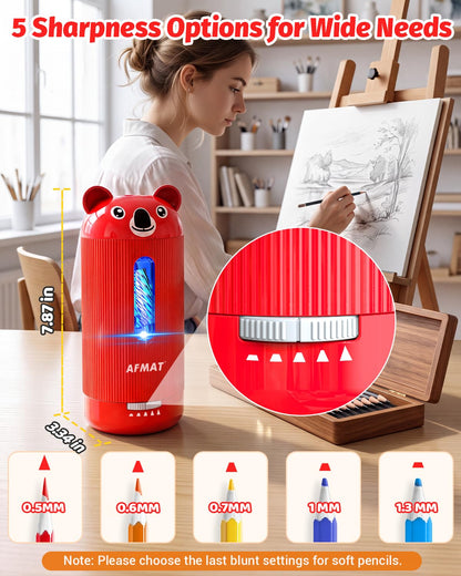 AFMAT Electric Pencil Sharpener, Fully Automatic, for 6.5-12mm Pencils Rechargeable & Cordless, Auto in & Out, 5 Nibs, 7K+ Uses, Replaceable Blade, Cute Sharpener for Classroom/Home/Office, PSY4