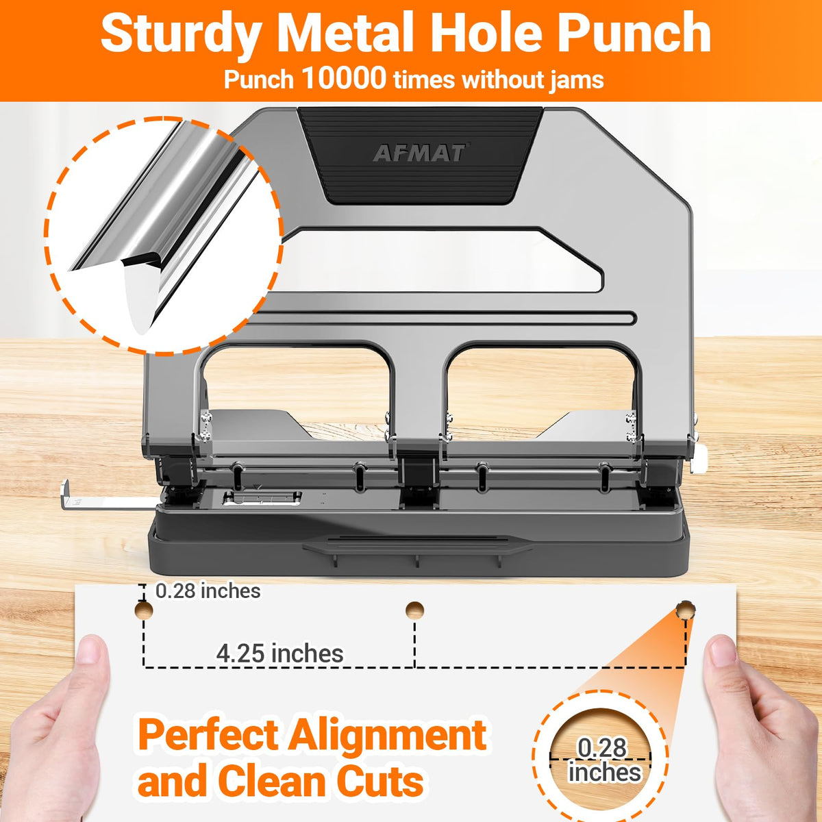 AFMAT Heavy Duty 3 Hole Puncher, 50-Sheet Paper Punch Heavy Duty, 50% Reduced Effort Three Hole Punch, 10K+ Uses, Metal Hole Puncher 3 Ring w/Large Tray, Bulit-in S.S. Paper Guide HPX4GY
