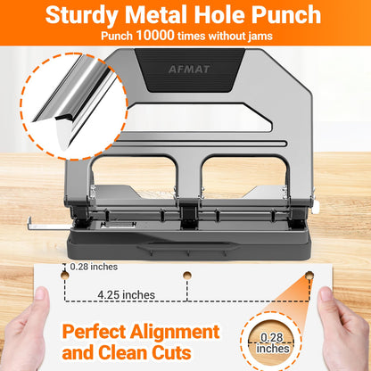 AFMAT Heavy Duty 3 Hole Puncher, 50-Sheet Paper Punch Heavy Duty, 50% Reduced Effort Three Hole Punch, 10K+ Uses, Metal Hole Puncher 3 Ring w/Large Tray, Bulit-in S.S. Paper Guide HPX4GY