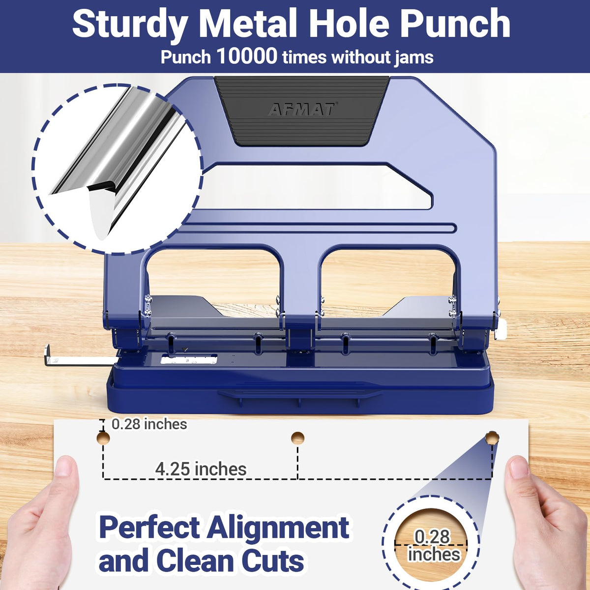 AFMAT Heavy Duty 3 Hole Puncher, 50-Sheet Paper Punch Heavy Duty, 50% Reduced Effort Three Hole Punch, 10K+ Uses, Metal Hole Puncher 3 Ring w/Large Tray, Bulit-in S.S. Paper Guide HPX4BL