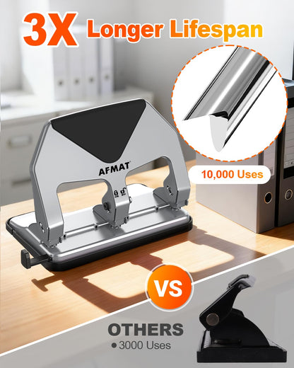 AFMAT HP20 Heavy Duty 3 Hole Punch, 60% Reduced Effort, 50-Sheet 3 Hole Puncher for Binder, 10,000+ Uses