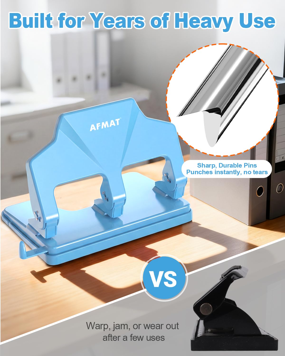 AFMAT 3-Loch-Stanzer, robust, 40-Blatt-Dreilocher, 50 % weniger Kraftaufwand, Metall-Papierstanzer mit großem Chipfach, Modell: HP14 (Schwarz)