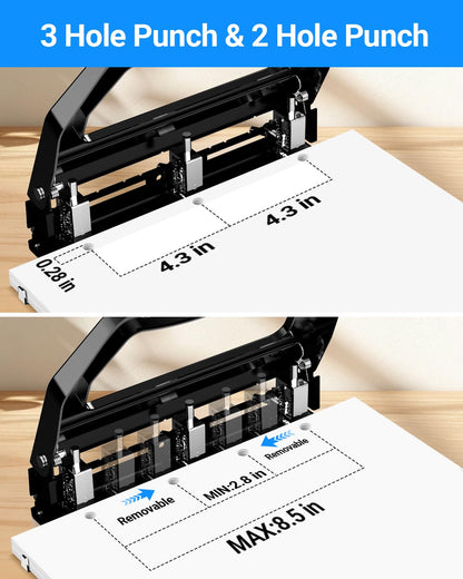 AFMAT 3 Hole Punch Heavy Duty, 9/32" Holes, 50-Sheet Hole Puncher 3 Ring, 50% Reduced Effort, Adjustable Two & Three Hole Punch, Metal Paper Puncher w/Large Chip Tray, Metal Paper Guide, HP18BE