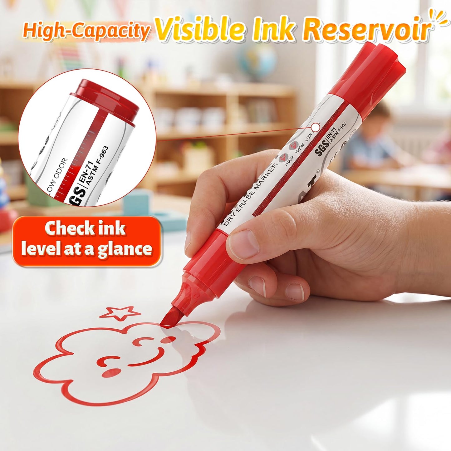AFMAT Dry Erase Markers, 12-Count Red Whiteboard Markers, Chisel Tip, High-Capacity Liquid Ink for 1,100 Meters Writing Length, w/Visible Ink Level, Low Odor Erasable for Teacher Office Classroom,DB10X4