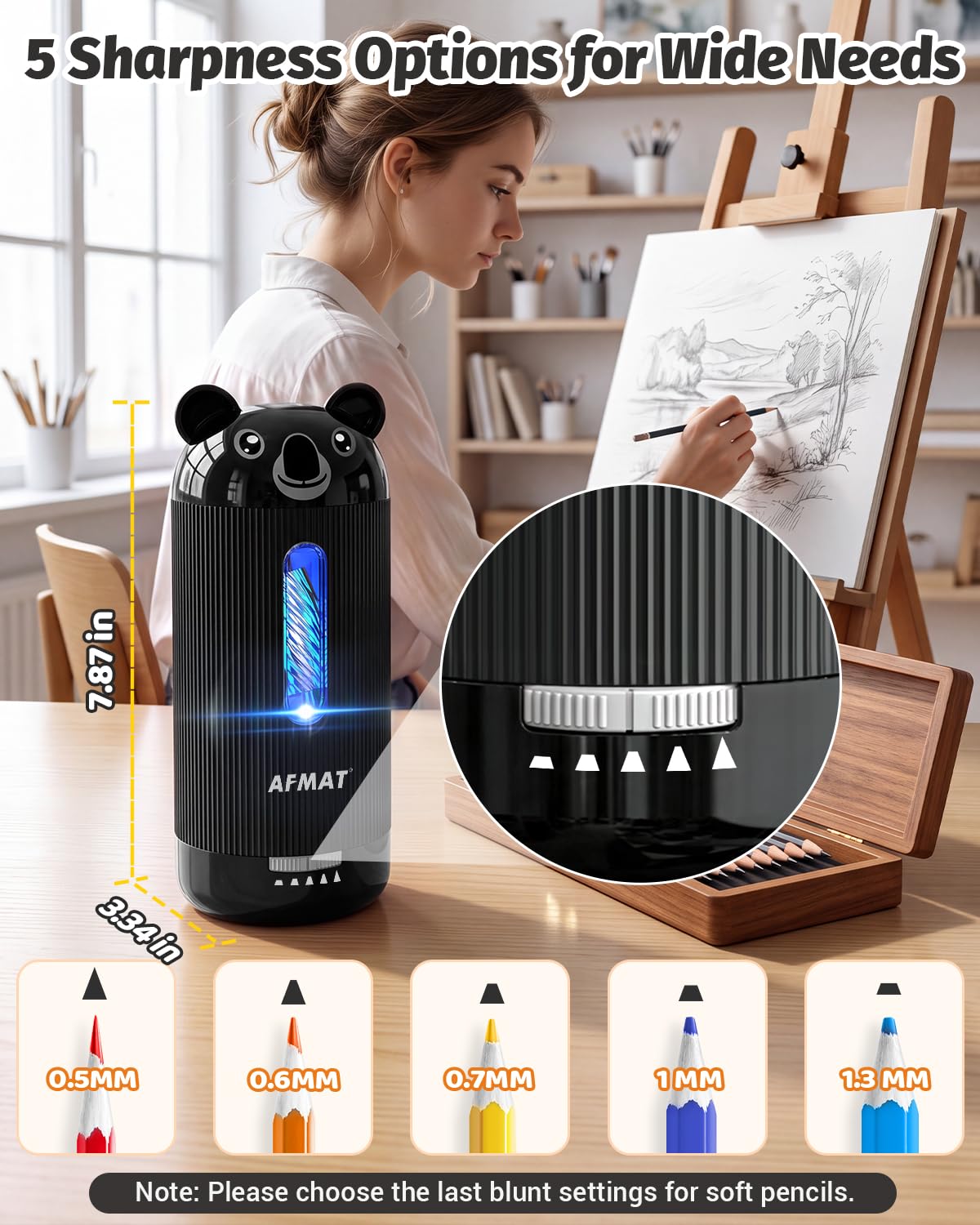 AFMAT Fully Automatic Electric Pencil Sharpener, for 6.5-12mm Pencils Rechargeable & Cordless, Auto in & Out, 5 Nibs, 7K+ Uses, Replaceable Blade, Cute Sharpener for Classroom/Home/Office, PSY4