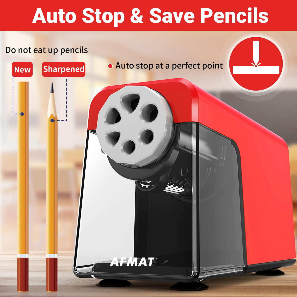 🏫Classroom Must-Haves Every Teacher Needs🏫AFMAT PSD1 Super Durable Rechargeable 6-Hole Heavy Duty Electric Pencil Sharpener for 6-11mm Pencils, Upgraded Durable Blades 10,000+ Sharpenings,PSD1RD