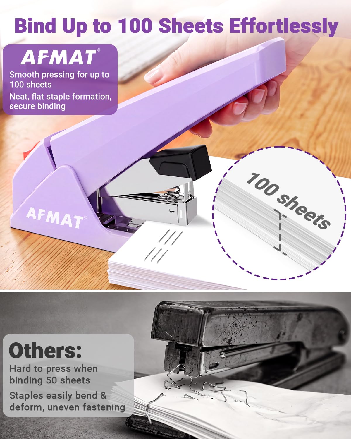 AFMAT ES18 Heavy Duty Stapler, 100-Sheet Effortless Desktop Stapler, ES18PR