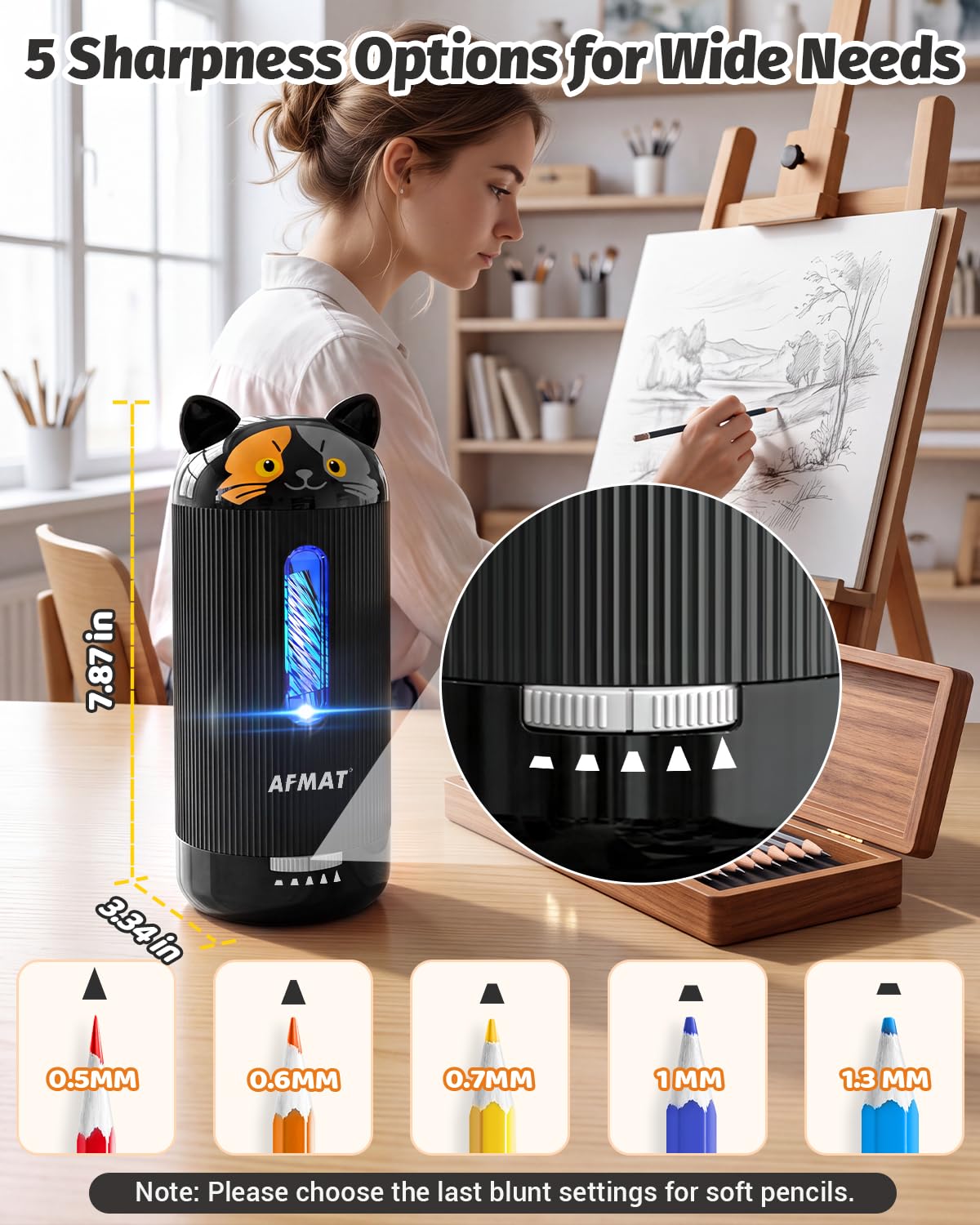 AFMAT Electric Pencil Sharpener, Fully Automatic, for 6.5-12mm Pencils Rechargeable & Cordless, Auto in & Out, 5 Nibs, 7K+ Uses, Replaceable Blade, Cute Sharpener for Classroom/Home/Office, PSJ5BK