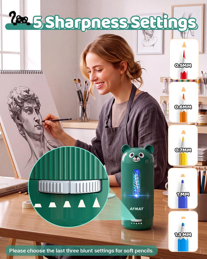 AFMAT Electric Pencil Sharpener, Fully Automatic, for 6.5-12mm Pencils Rechargeable & Cordless, Auto in & Out, 5 Nibs, 7K+ Uses, Replaceable Blade, Cute Sharpener for Classroom/Home/Office
