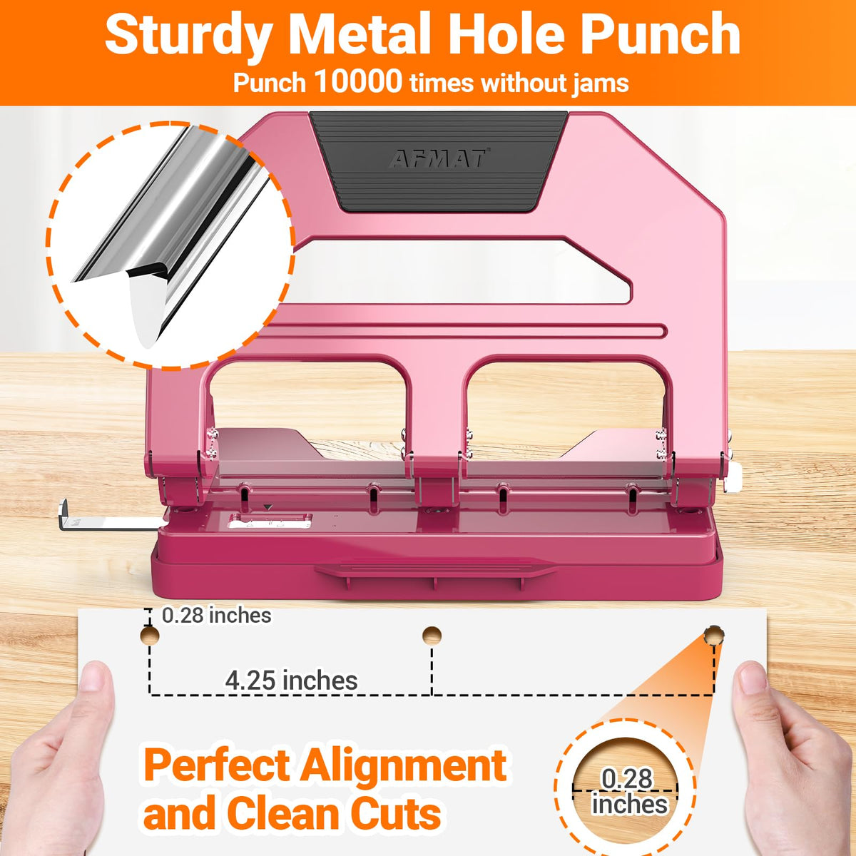AFMAT Heavy Duty 3 Hole Puncher, 50-Sheet Paper Punch Heavy Duty, 50% Reduced Effort Three Hole Punch, 10K+ Uses, Metal Hole Puncher 3 Ring w/Large Tray, Bulit-in S.S. Paper Guide HPX4RW