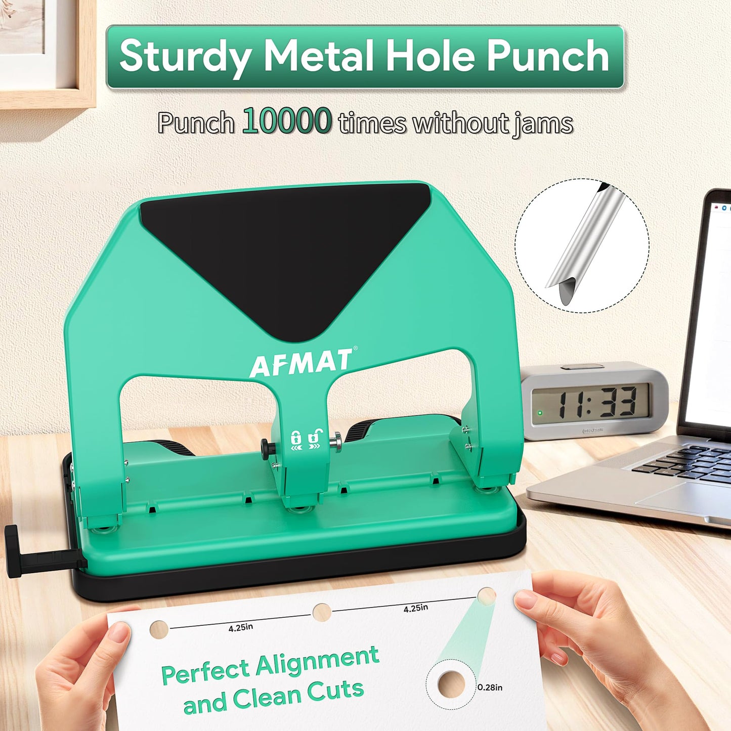 AFMAT HP20 Heavy Duty 3 Hole Punch, 60% Reduced Effort, 50-Sheet 3 Hole Puncher for Binder, 10,000+ Uses