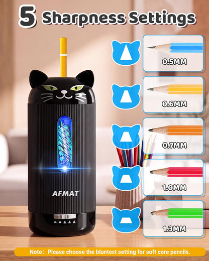 AFMAT Electric Pencil Sharpener, Auto in & Out, 5 Nibs, 7K+ Uses, Fully Automatic Classroom Pencil Sharpener, Rechargeable Hands-Free Sharpeners for Jumbo/Colored Pencils (φ6.5-12mm) PSJ2BK