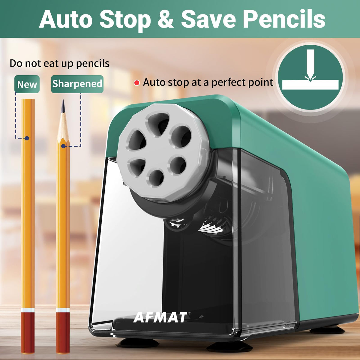 AFMAT PSD1 Rechargeable 6-Hole Electric Pencil Sharpener Heavy Duty, Auto Stop Classroom Pencil Sharpener for 6-11mm Pencils, 10,000+ Sharpenings