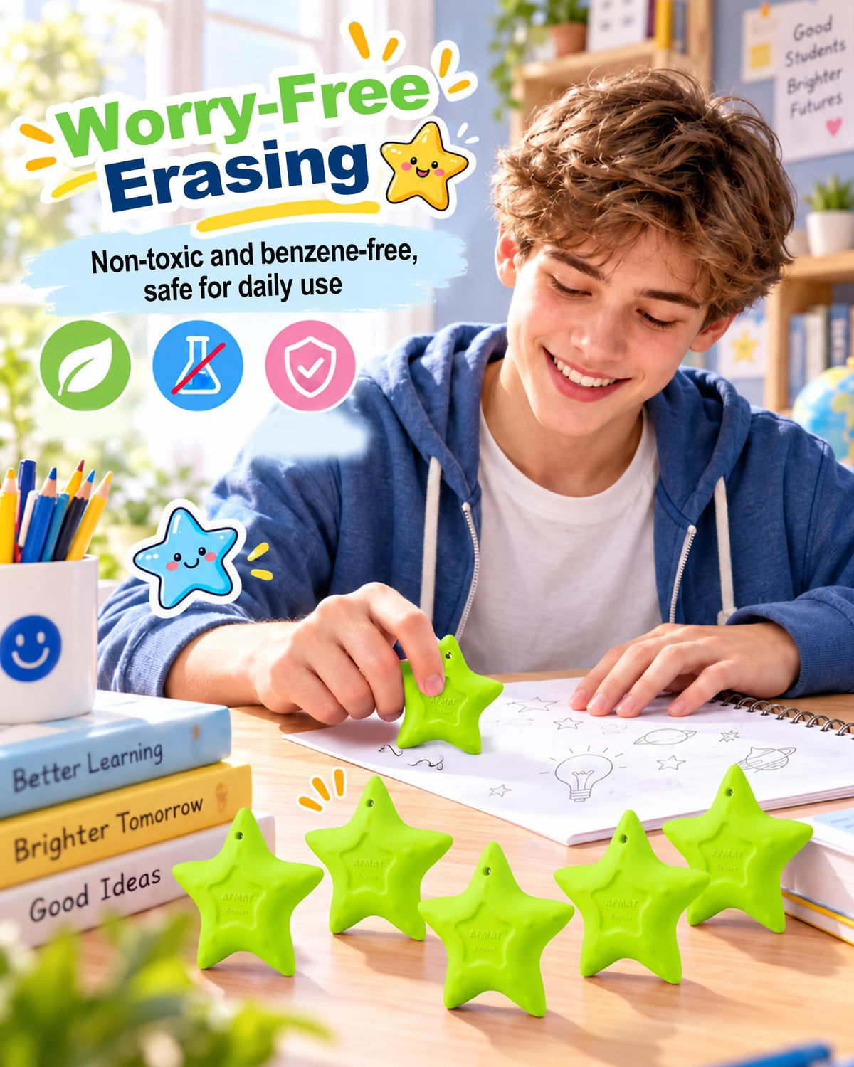 AFMAT PE05 Erasers for Kids, Latex-Free, Self-Clumping Shavings, 5 Pcs