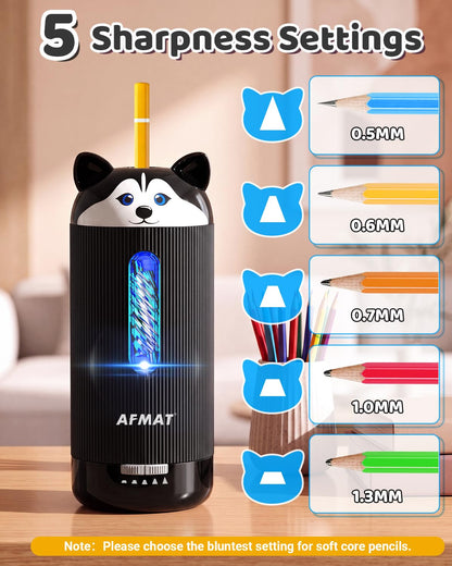 AFMAT Electric Pencil Sharpener, Auto in & Out, 5 Nibs, 7K+ Uses, Fully Automatic Classroom Pencil Sharpener, Rechargeable Hands-Free Sharpeners for Jumbo/Colored Pencils (φ6.5-12mm) PSJ1