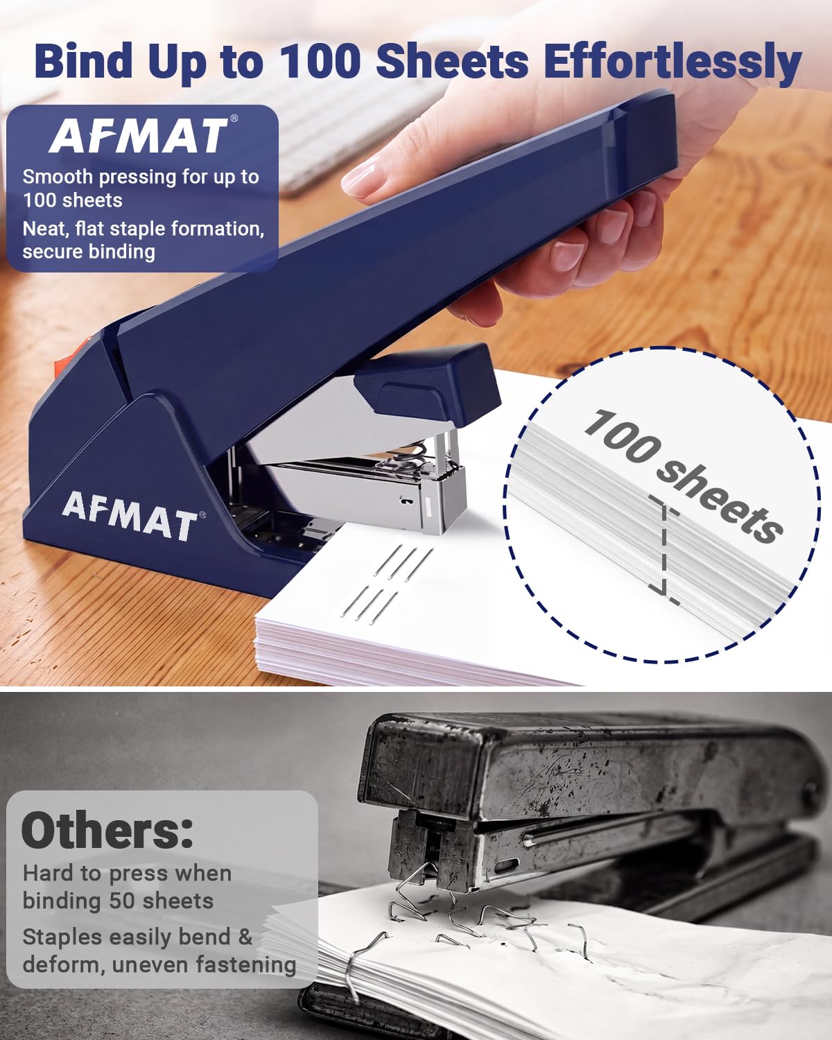 AFMAT ES18 Heavy Duty Stapler-100 Sheet, 50% Less Effort, 20,000+ Uses, ES18BL