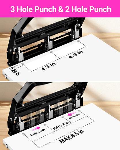 AFMAT 3 Hole Punch Heavy Duty, 9/32" Holes, 50-Sheet Hole Puncher 3 Ring, 50% Reduced Effort, Adjustable Two & Three Hole Punch, Metal Paper Puncher w/Large Chip Tray, Metal Paper Guide,HP18BR