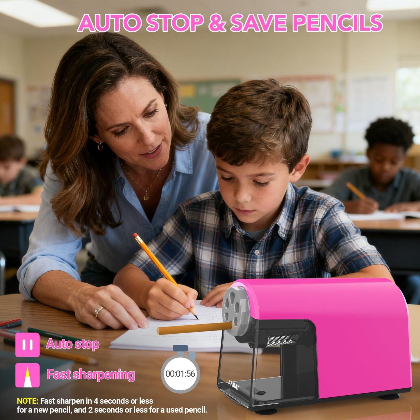 Disponible en France：AFMAT PSD2 Taille-crayon électrique avec boîte à 6 trous - Robuste et rechargeable - Pour crayons de 6 à 11 mm et crayons de couleur - Pour salle de classe, école, bureau