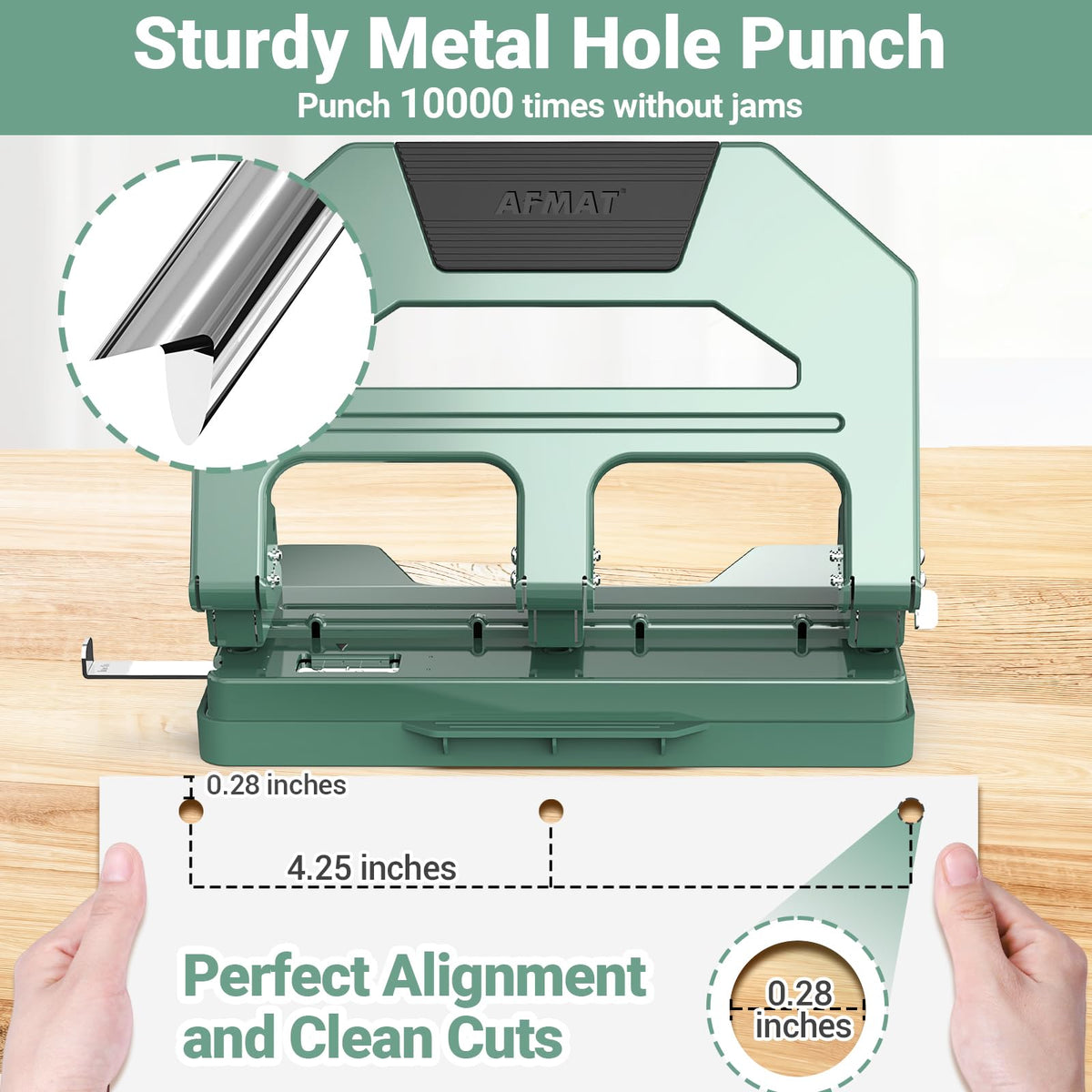 AFMAT Heavy Duty 3 Hole Puncher, 50-Sheet Paper Punch Heavy Duty, 50% Reduced Effort Three Hole Punch, 10K+ Uses, Metal Hole Puncher 3 Ring w/Large Tray, Bulit-in S.S. Paper Guide HPX4GN