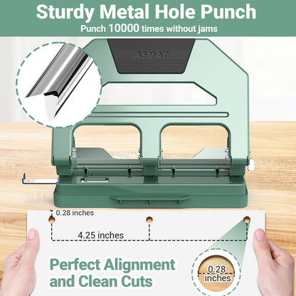 AFMAT Heavy Duty 3 Hole Puncher, 50-Sheet Paper Punch Heavy Duty, 50% Reduced Effort Three Hole Punch, 10K+ Uses, Metal Hole Puncher 3 Ring w/Large Tray, Bulit-in S.S. Paper Guide HPX4GN