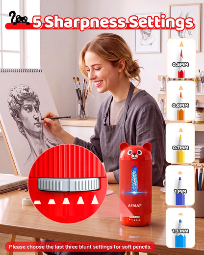 AFMAT Electric Pencil Sharpener, Fully Automatic, for 6.5-12mm Pencils Rechargeable & Cordless, Auto in & Out, 5 Nibs, 7K+ Uses, Replaceable Blade, Cute Sharpener for Classroom/Home/Office