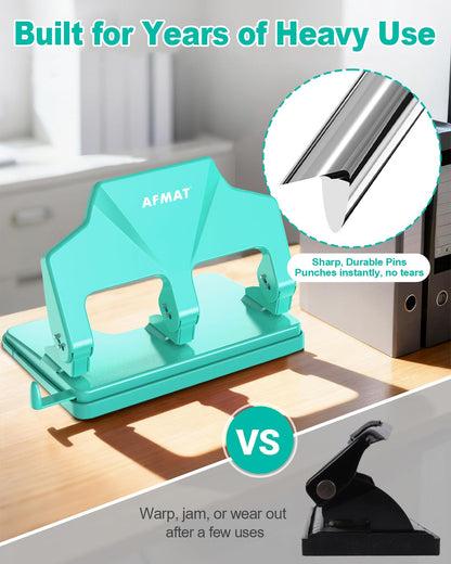 AFMAT HP14 3 Hole Punch Heavy Duty, 40-Sheet Three Hole Punch, 50% Reduced Effort Metal Paper Puncher w/Large Chip Tray,HP14GN
