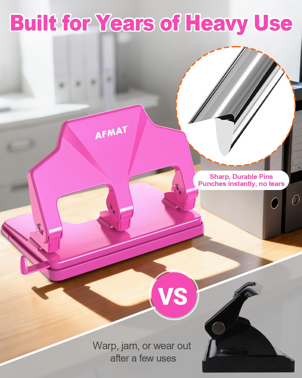 AFMAT HP14 3 Hole Punch Heavy Duty, 40-Sheet Three Hole Punch, 50% Reduced Effort Metal Paper Puncher w/Large Chip Tray,HP14PK