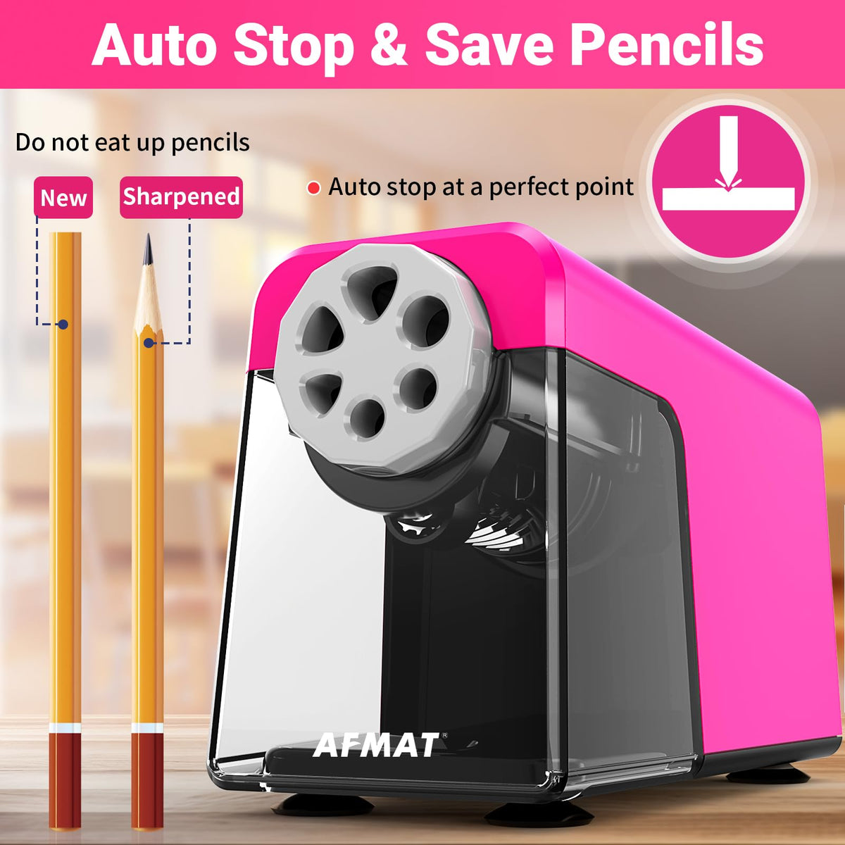 AFMAT PSD1 Rechargeable 6-Hole Electric Pencil Sharpener Heavy Duty, Auto Stop Classroom Pencil Sharpener for 6-11mm Pencils, 10,000+ Sharpenings