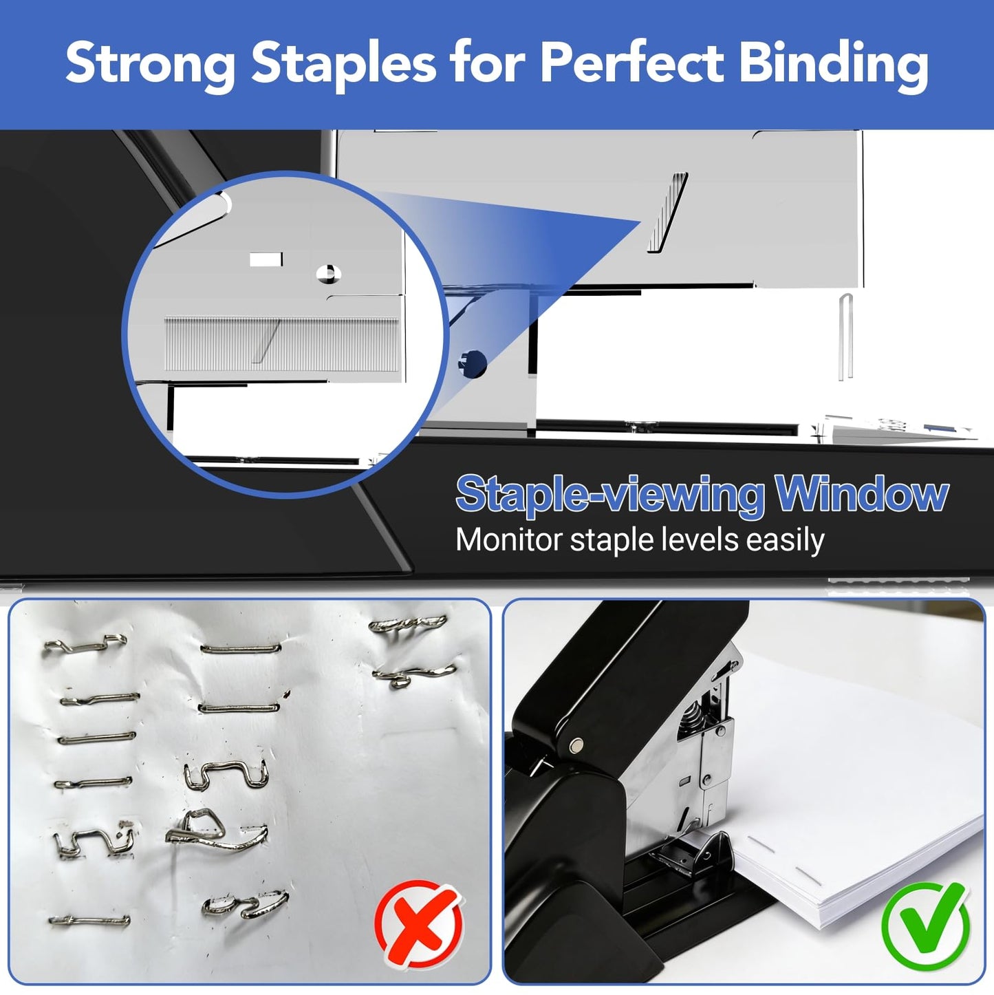 AFMAT Heavy Duty Stapler, 220 Sheets Capacity Stapler for Classroom, 60% Reduced Effort, Jam Free, Adjustable Paper Depth, Metal Desk Office Staplers w/ 50,000+ Uses, Includes 7000Pcs Staples, ES15BL