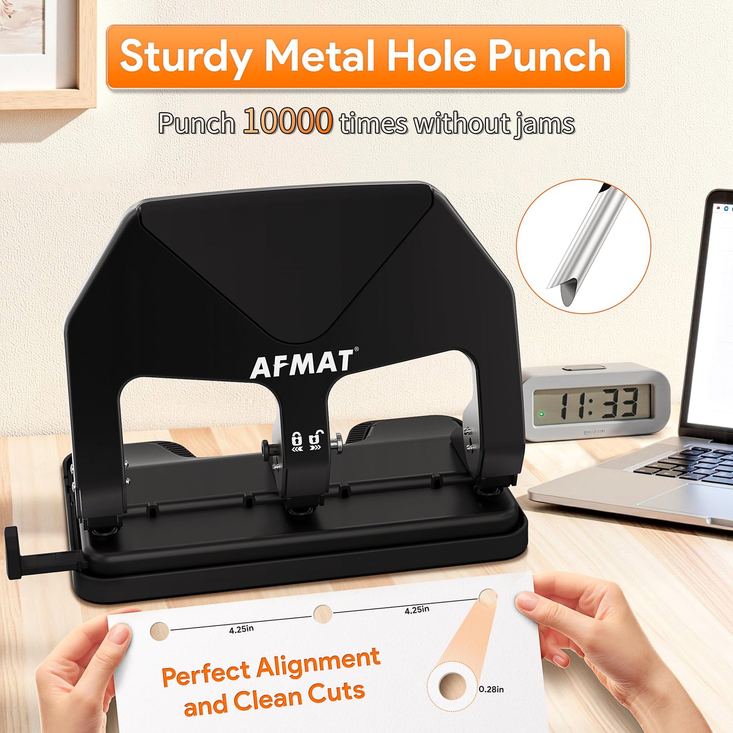 AFMAT HP20 Heavy Duty 3 Hole Punch, 60% Reduced Effort, 50-Sheet 3 Hole Puncher for Binder, 10,000+ Uses