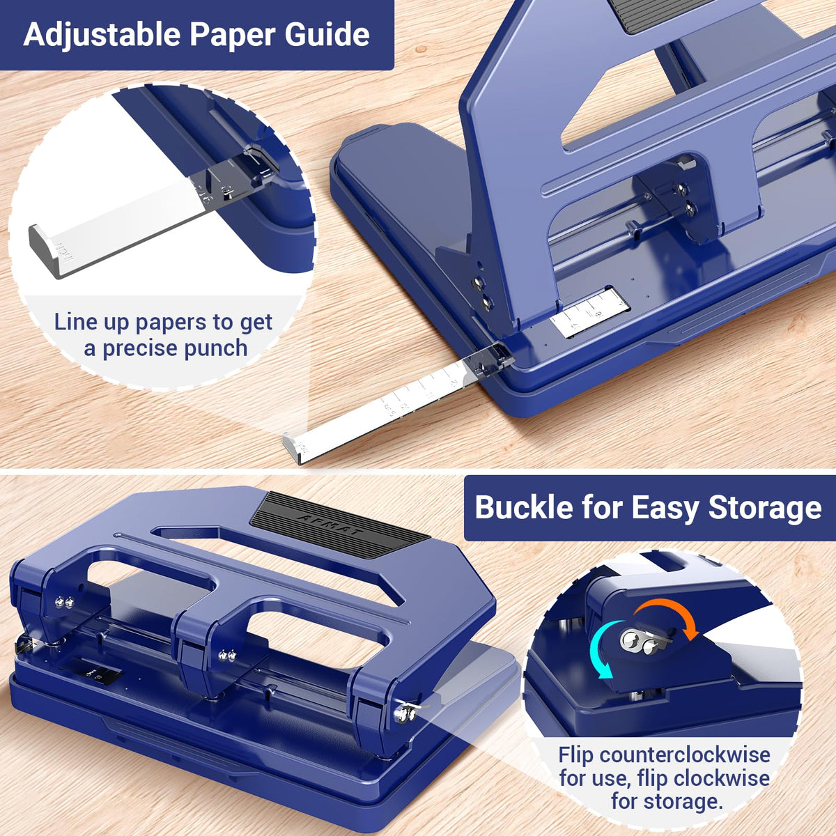AFMAT Heavy Duty 3 Hole Puncher, 50-Sheet Paper Punch Heavy Duty, 50% Reduced Effort Three Hole Punch, 10K+ Uses, Metal Hole Puncher 3 Ring w/Large Tray, Bulit-in S.S. Paper Guide HPX4BL