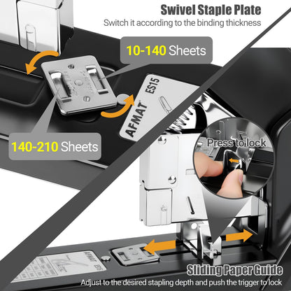 AFMAT Heavy Duty Stapler, 210 Sheet Effortless Stapler for Desk, 60% Reduced Effort, Jam Free, 50,000+ Uses, Adjustable Paper Depth, Metal Office Desktop Staplers, Includes 7000Pcs Staples, ES15GY