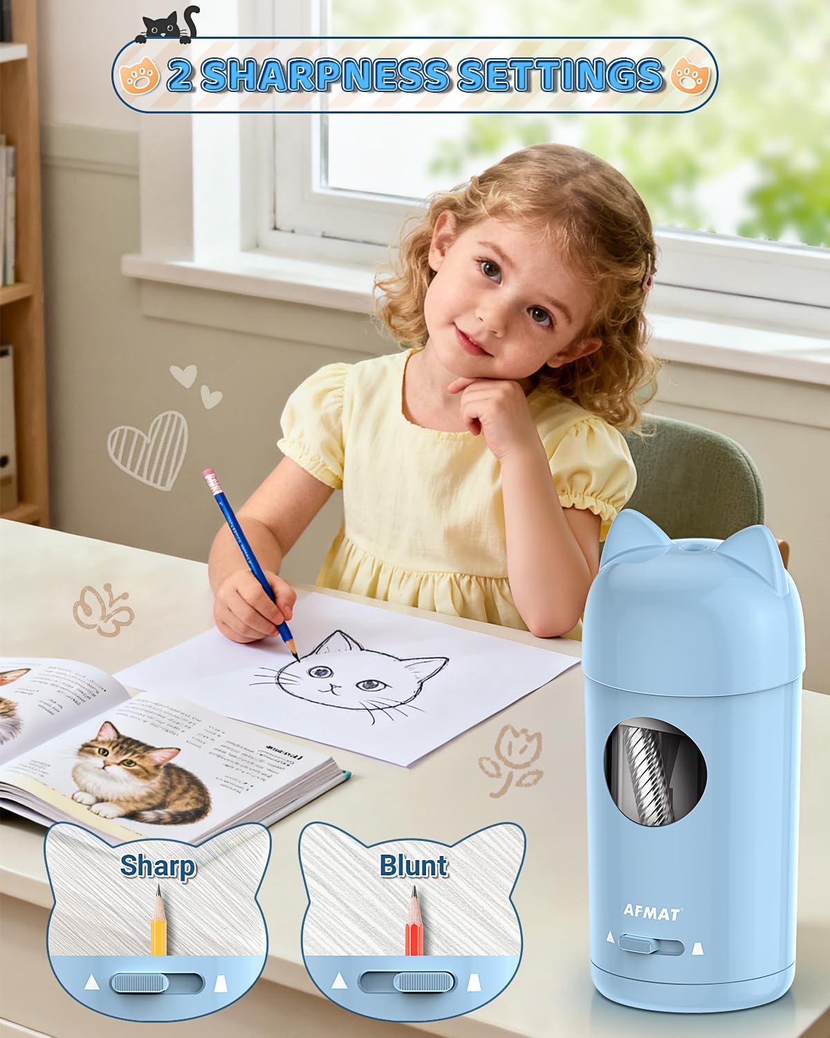 🎀Perfect Gifts for Everyone🎀 AFMAT Fully Automatic Rechargeable Electric Pencil Sharpener for φ7-8mm No.2/Colored Pencils,PSX9BL