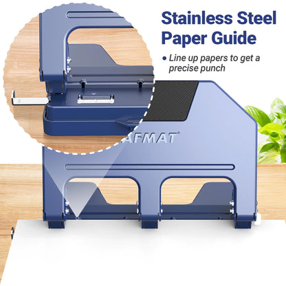 AFMAT 3 Hole Punch Heavy Duty, 9/32" Hole Diameter, 50-Sheet 3 Hole Puncher for Binder, 50% Reduced Effort, Metal Three Hole Punch w/ 10,000+ Uses, Bulit-in S.S. Paper Guide, Large Chip Tray, HPX5BL