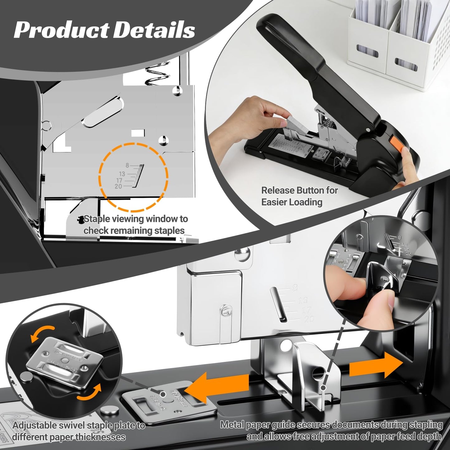 AFMAT Heavy Duty Stapler, 210 Sheet Staplers for Desk with 7000 Staples, Jam-Free, 50000+ Uses, 60% Reduced Effort, Easy Reload, Adjustable Paper Guide, Large Metal Manual Office Staplers, ES15BK