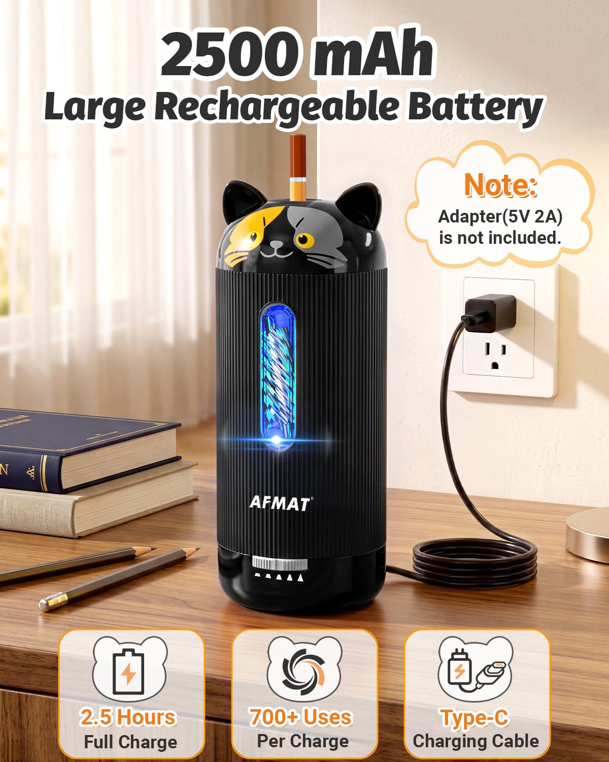 AFMAT Electric Pencil Sharpener, Fully Automatic, for 6.5-12mm Pencils Rechargeable & Cordless, Auto in & Out, 5 Nibs, 7K+ Uses, Replaceable Blade, Cute Sharpener for Classroom/Home/Office, PSJ5BK