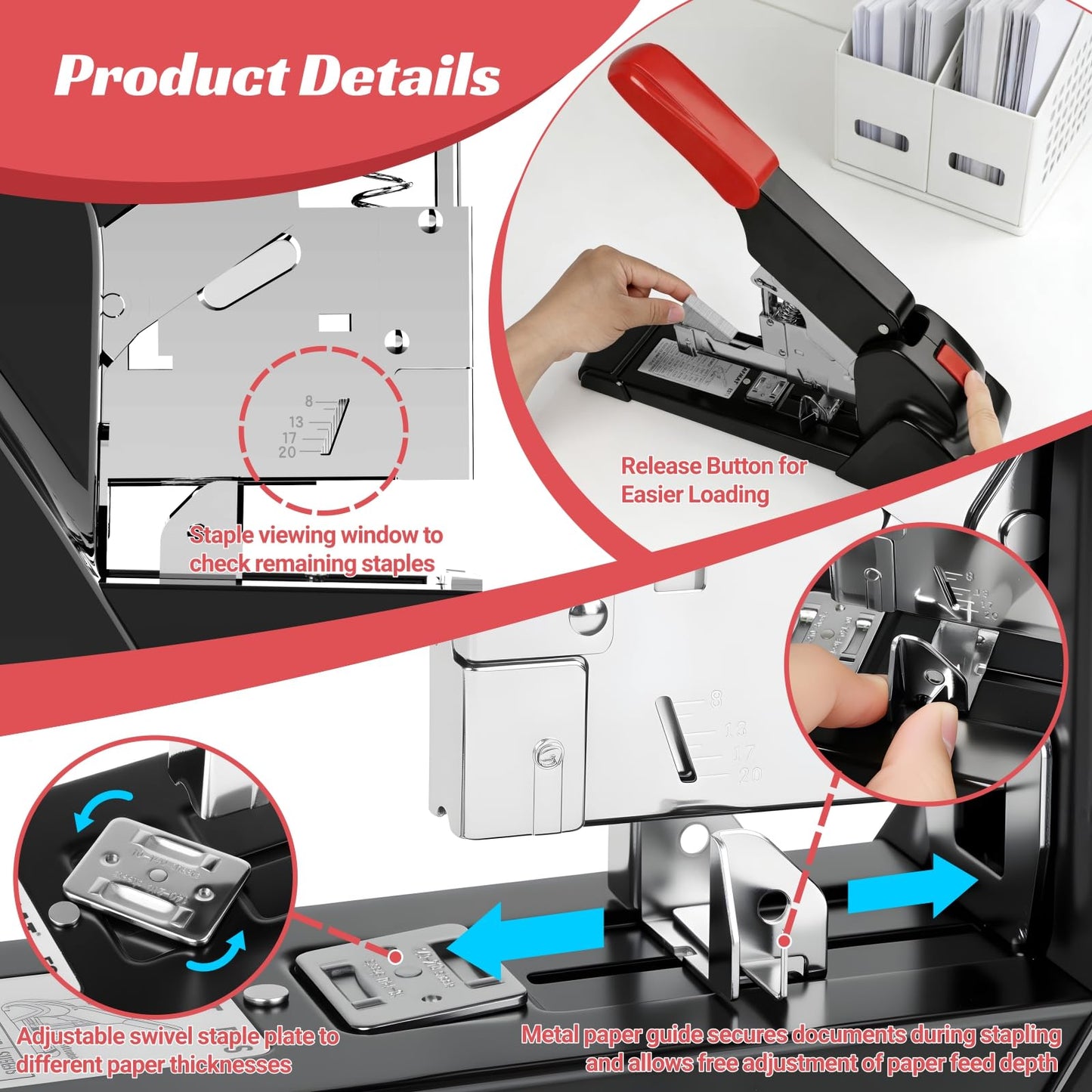 AFMAT Heavy Duty Stapler, 210 Sheet Staplers for Desk with 7000 Staples, Jam-Free, 50000+ Uses, 60% Reduced Effort, Easy Reload, Adjustable Paper Guide, Large Metal Manual Office Staplers, ES15RD