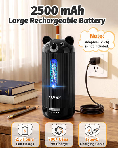 AFMAT Fully Automatic Electric Pencil Sharpener, for 6.5-12mm Pencils Rechargeable & Cordless, Auto in & Out, 5 Nibs, 7K+ Uses, Replaceable Blade, Cute Sharpener for Classroom/Home/Office, PSY4