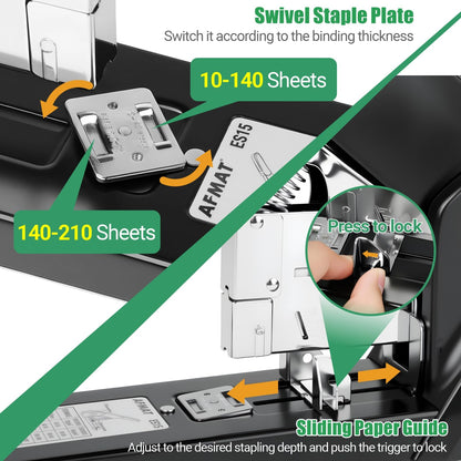 AFMAT Heavy Duty Stapler, 210 Sheet Effortless Stapler for Desk, 60% Reduced Effort, Jam Free, 50,000+ Uses, Adjustable Paper Depth, Metal Desktop Staplers for Office, Includes 7000Pcs Staples, ES15GN
