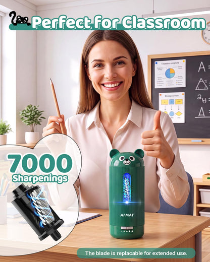 AFMAT Electric Pencil Sharpener, Fully Automatic, for 6.5-12mm Pencils Rechargeable & Cordless, Auto in & Out, 5 Nibs, 7K+ Uses, Replaceable Blade, Cute Sharpener for Classroom/Home/Office