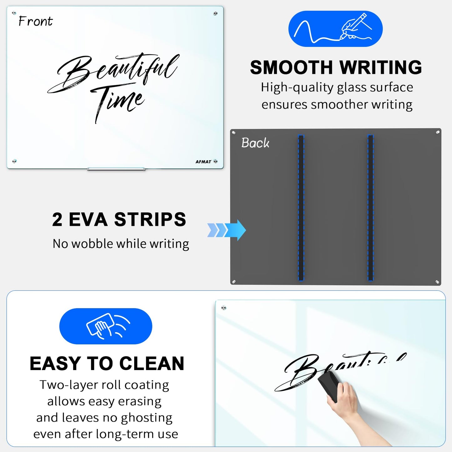 AFMAT Magnetic Glass Whiteboard, 48" x 36" Glass Dry Erase Board, 4mm Tempered Glass w/Strong Magnetic Surface, Large White Board for Wall, Frameless Wall Mounted Black Board for Office Home School,GB04BK1