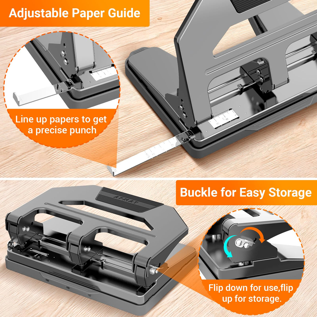 AFMAT Heavy Duty 3 Hole Puncher, 50-Sheet Paper Punch Heavy Duty, 50% Reduced Effort Three Hole Punch, 10K+ Uses, Metal Hole Puncher 3 Ring w/Large Tray, Bulit-in S.S. Paper Guide HPX4GY
