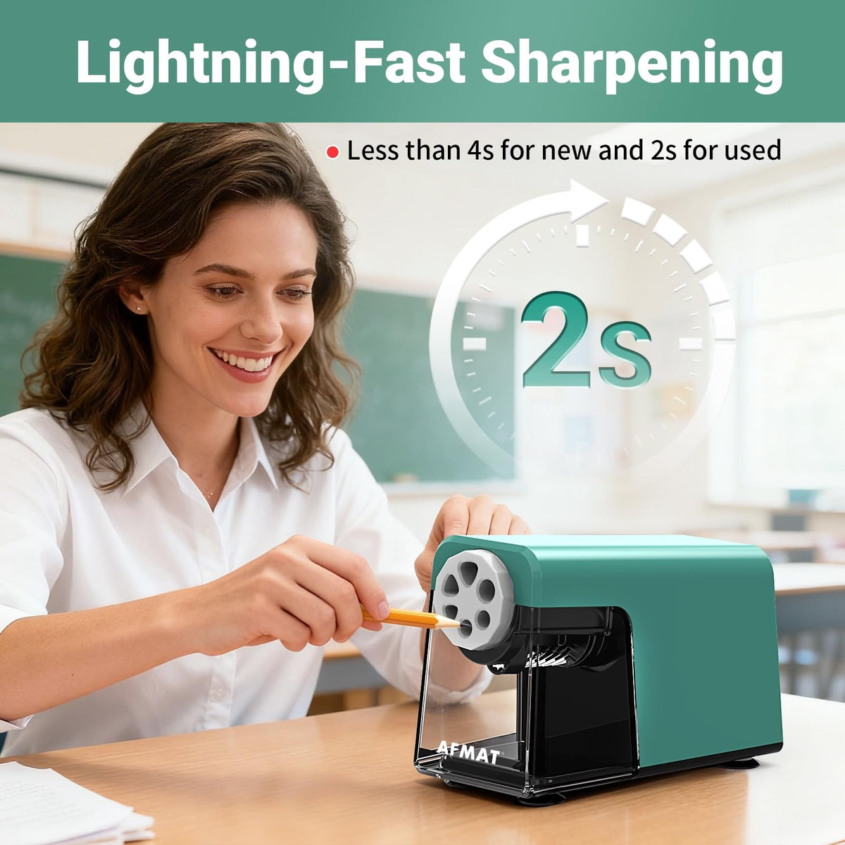 AFMAT PSD1 Rechargeable 6-Hole Electric Pencil Sharpener Heavy Duty, Auto Stop Classroom Pencil Sharpener for 6-11mm Pencils, 10,000+ Sharpenings