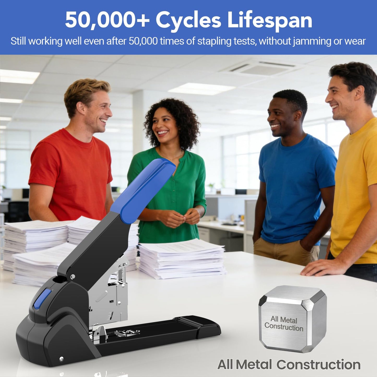 AFMAT Heavy Duty Stapler, 220 Sheets Capacity Stapler for Classroom, 60% Reduced Effort, Jam Free, Adjustable Paper Depth, Metal Desk Office Staplers w/ 50,000+ Uses, Includes 7000Pcs Staples, ES15BL