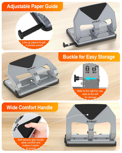 AFMAT HP20 Heavy Duty 3 Hole Punch, 60% Reduced Effort, 50-Sheet 3 Hole Puncher for Binder, 10,000+ Uses