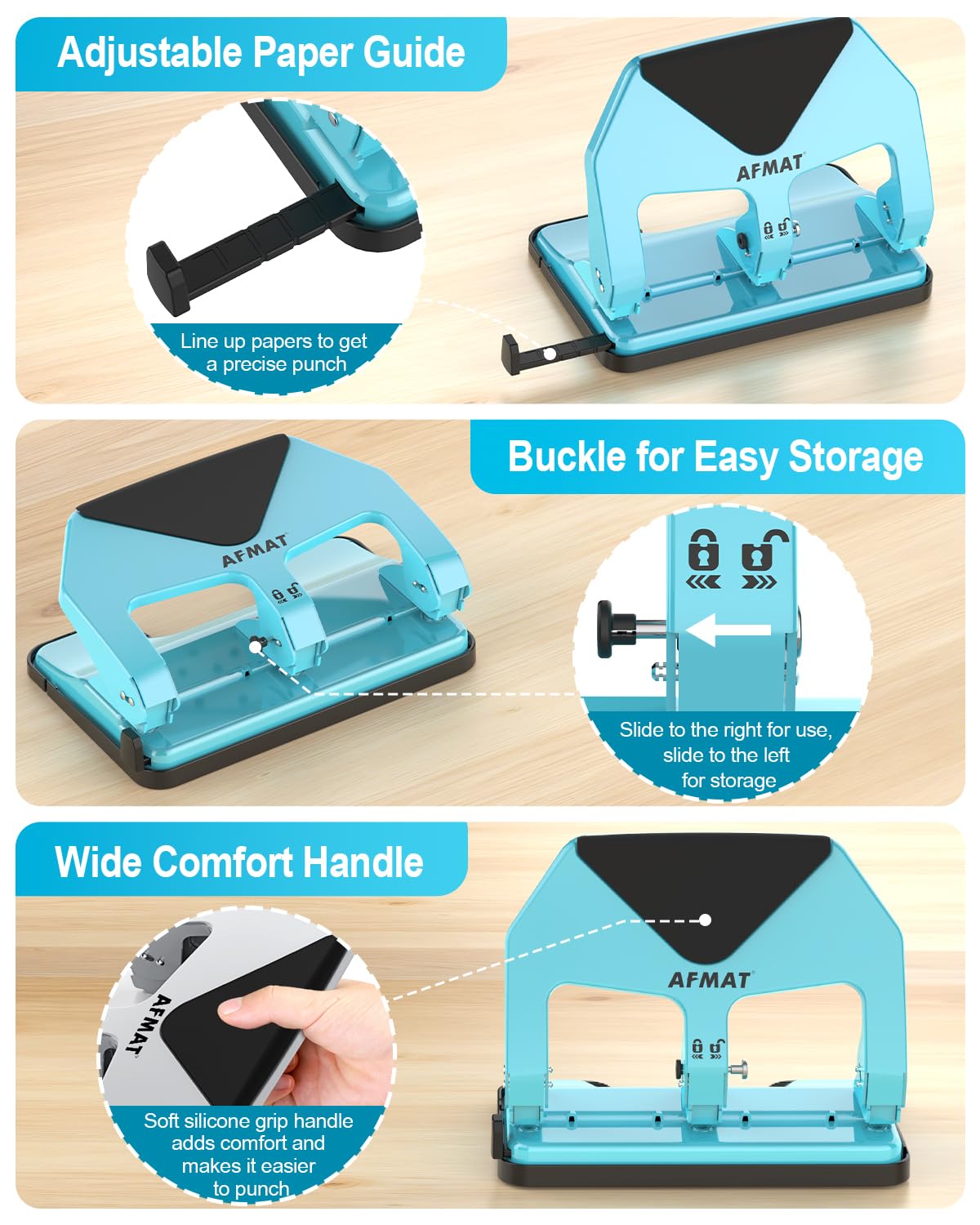 AFMAT HP20 Heavy Duty 3 Hole Punch, 60% Reduced Effort, 50-Sheet 3 Hole Puncher for Binder, 10,000+ Uses