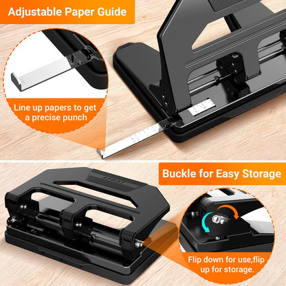 AFMAT 3 Hole Punch Heavy Duty, 9/32" Hole Diameter, 50-Sheet 3 Hole Puncher for Binder, 50% Reduced Effort, Metal Three Hole Punch w/ 10,000+ Uses, Bulit-in S.S. Paper Guide, Large Chip Tray, HPX4BK