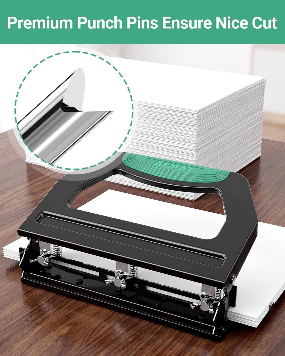 AFMAT 3 Hole Punch Heavy Duty, 9/32" Holes, 50-Sheet Hole Puncher 3 Ring, 50% Reduced Effort, Adjustable Two & Three Hole Punch, Metal Paper Puncher w/Large Chip Tray, Metal Paper Guide, HPHP18BG