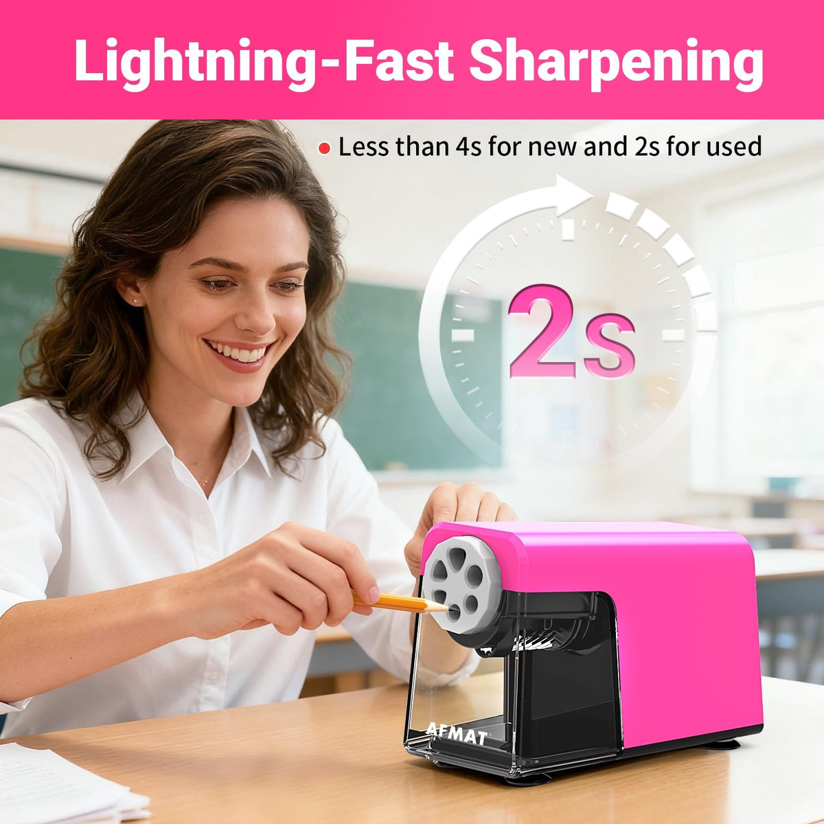 AFMAT PSD1 Rechargeable 6-Hole Electric Pencil Sharpener Heavy Duty, Auto Stop Classroom Pencil Sharpener for 6-11mm Pencils, 10,000+ Sharpenings