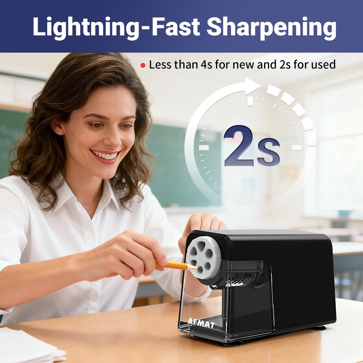 AFMAT PSD1 Rechargeable 6-Hole Electric Pencil Sharpener Heavy Duty, Auto Stop Classroom Pencil Sharpener for 6-11mm Pencils, 10,000+ Sharpenings